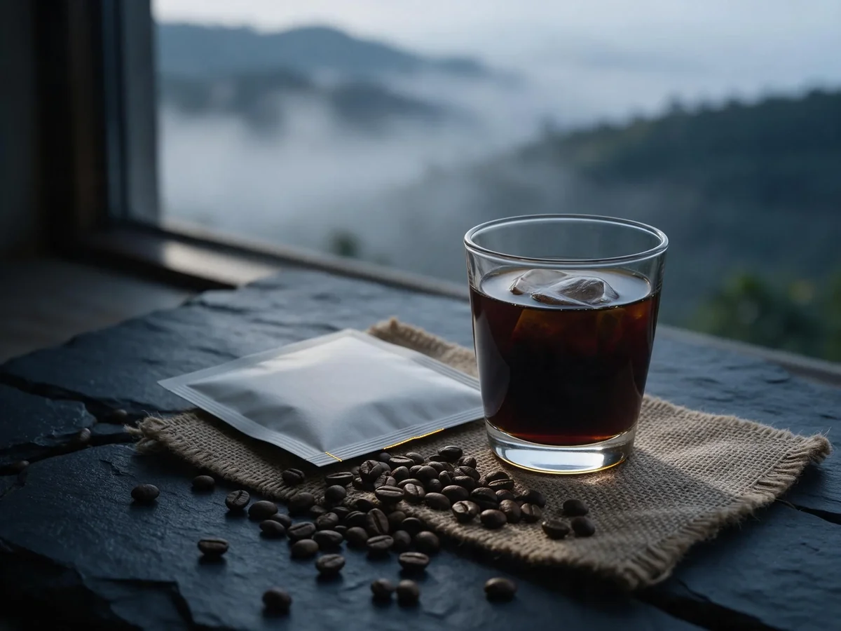 窗边石板上的云南小粒咖啡豆与冷萃