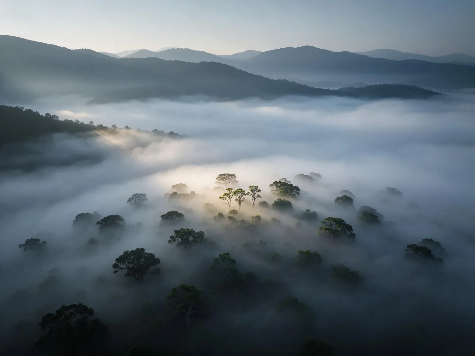 云南景迈山清晨云海中的古茶林
