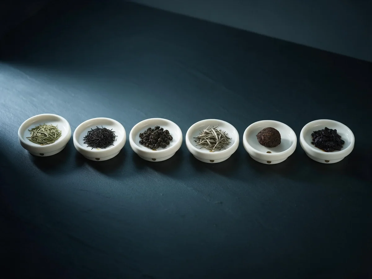 六只白瓷样碟陈列六大茶类干茶标本