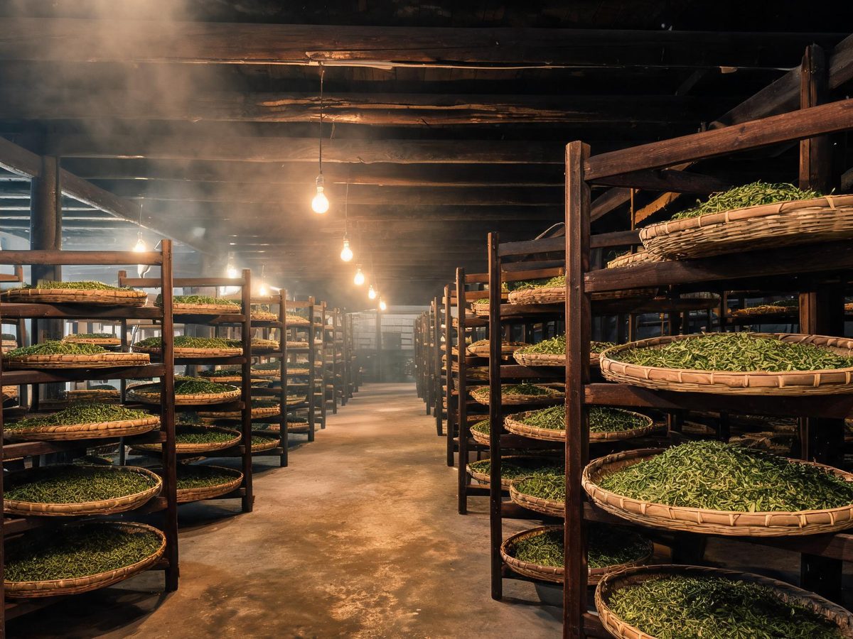 产区茶厂车间 竹编茶篓成列 茶坯静置