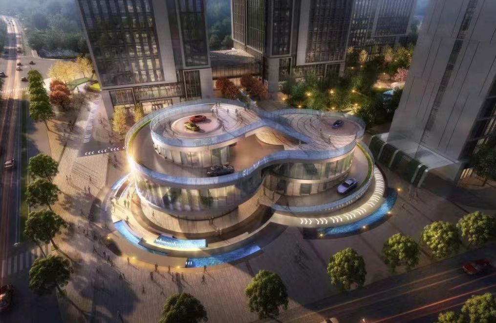 木兰茶故事杭州旗舰店鸟瞰图，独栋四层玻璃建筑全景效果