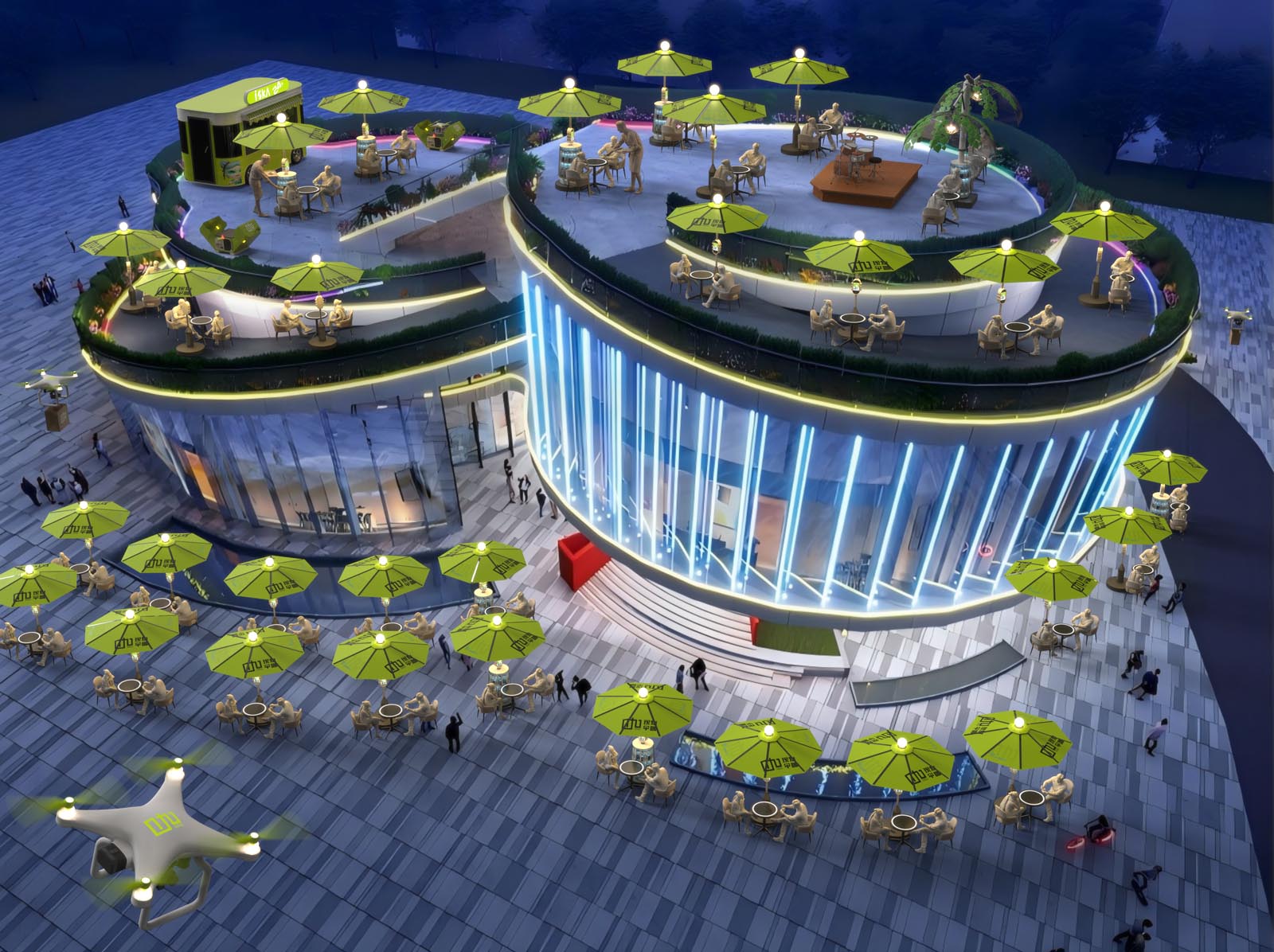 木兰茶故事四楼停机坪露台鸟瞰夜景效果，户外遮阳伞休闲区