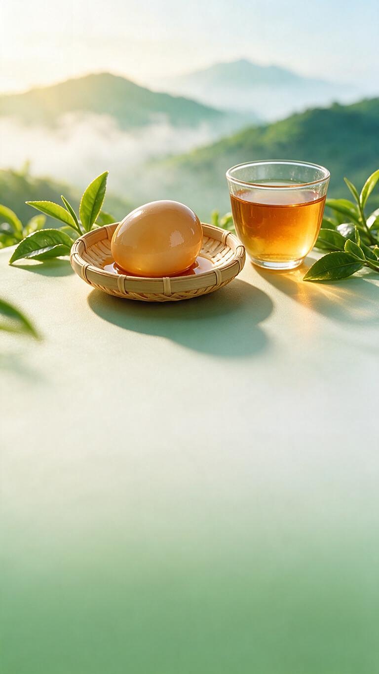 苗岭甜茶茶叶蛋 竹篮与茶盏置于青山云雾前