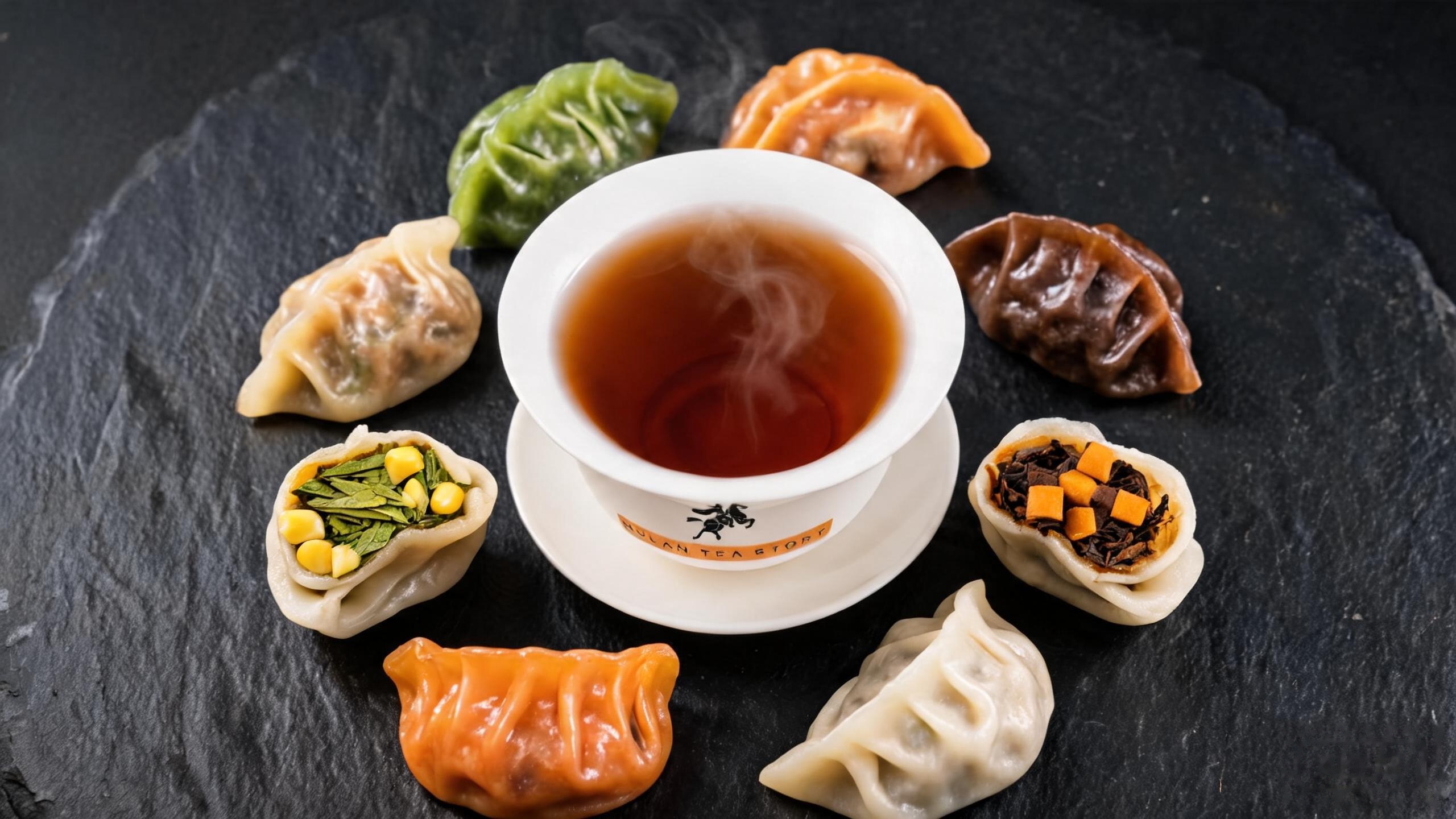 五色茶饺环抱白瓷盖碗 剖开可见龙井配甜玉米的茶蔬馅