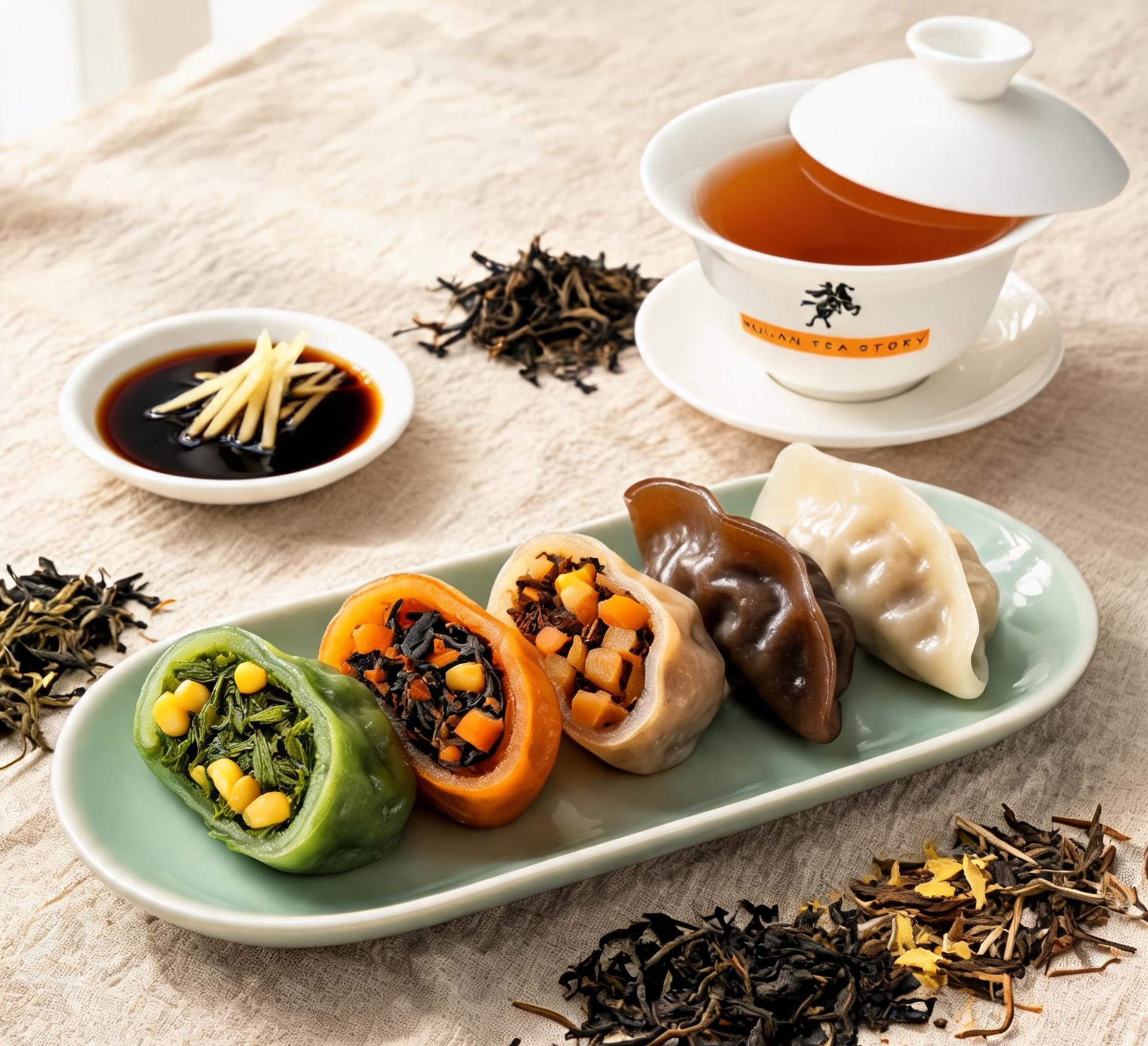 五色茶饺剖开可见茶与时蔬馅 配白瓷盖碗